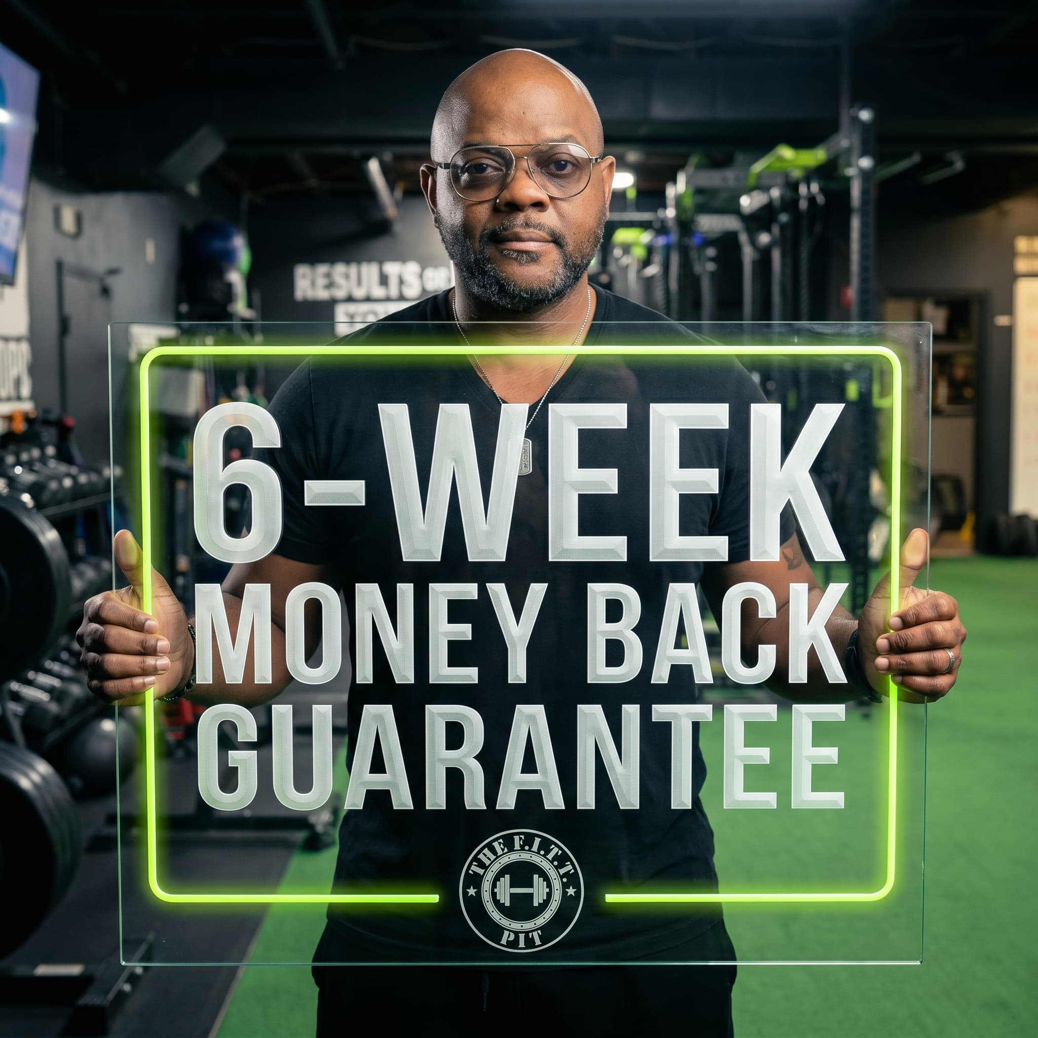 Coach Andre holding the 6-Week Money Back Guarantee sign